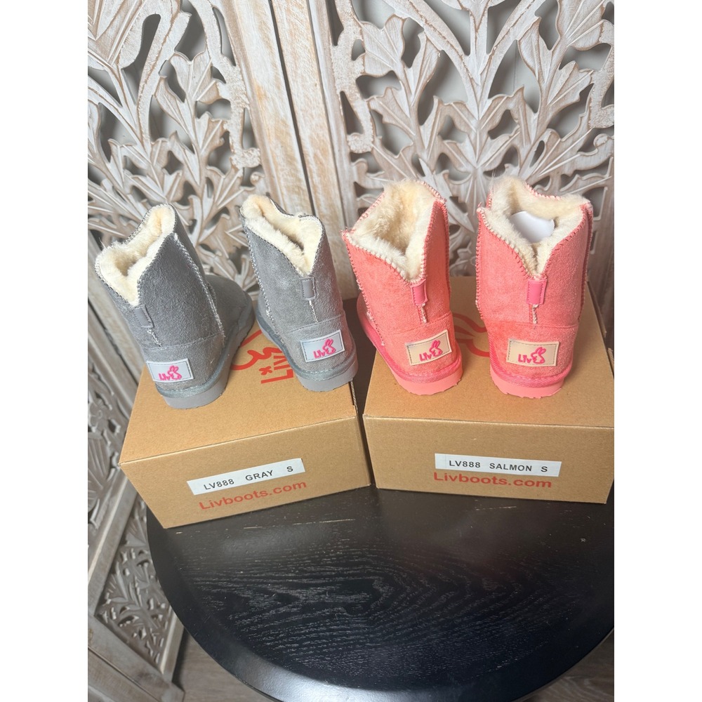 Liv Boots LV888 Kids Suede Shearling Winter Boots Gray Salmon Size S New - Picture 3 of 9
